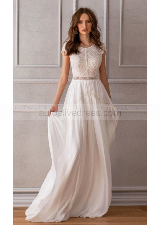 Cap Sleeve Ivory Lace Chiffon Boho Wedding Dress